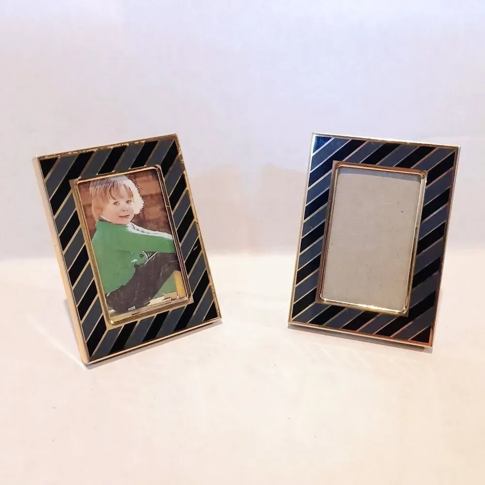 Vintage Pata Mini Rectangle Metal Picture Frames-Lot Of 2-Gold Black Stripe-